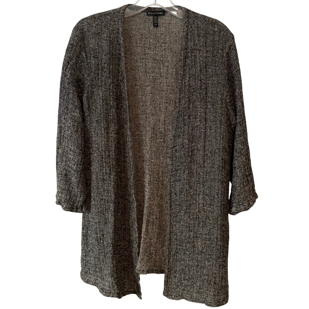 Eileen Fisher Women's Black Heather Linen Blend‎ Long Line Open Cardigan Size M